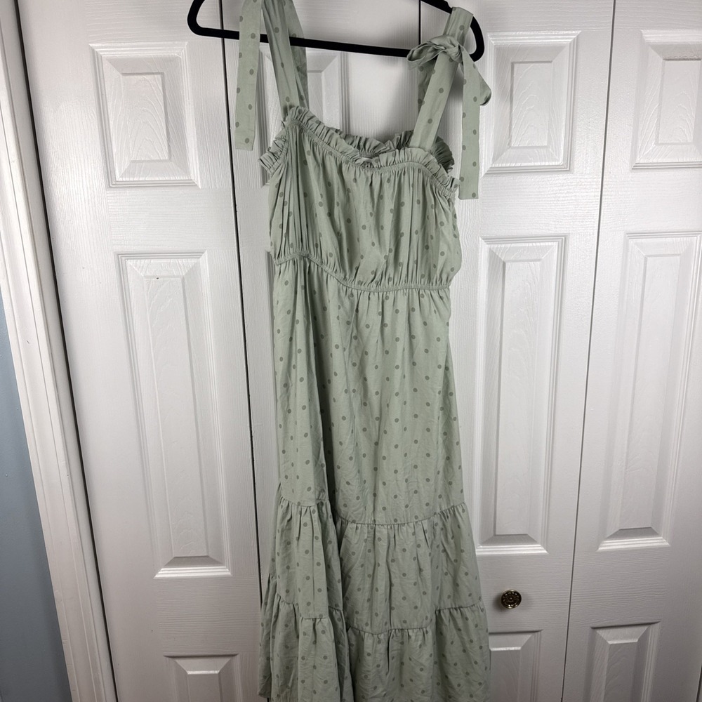 Blu Pepper Green Polka Dot Midi Dress Tie Shoulder NWOT